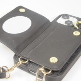Coque iPhone 15 - Cuir matelassé avec miroir et compartiment carte inclus grande lanière amovible - Noir
