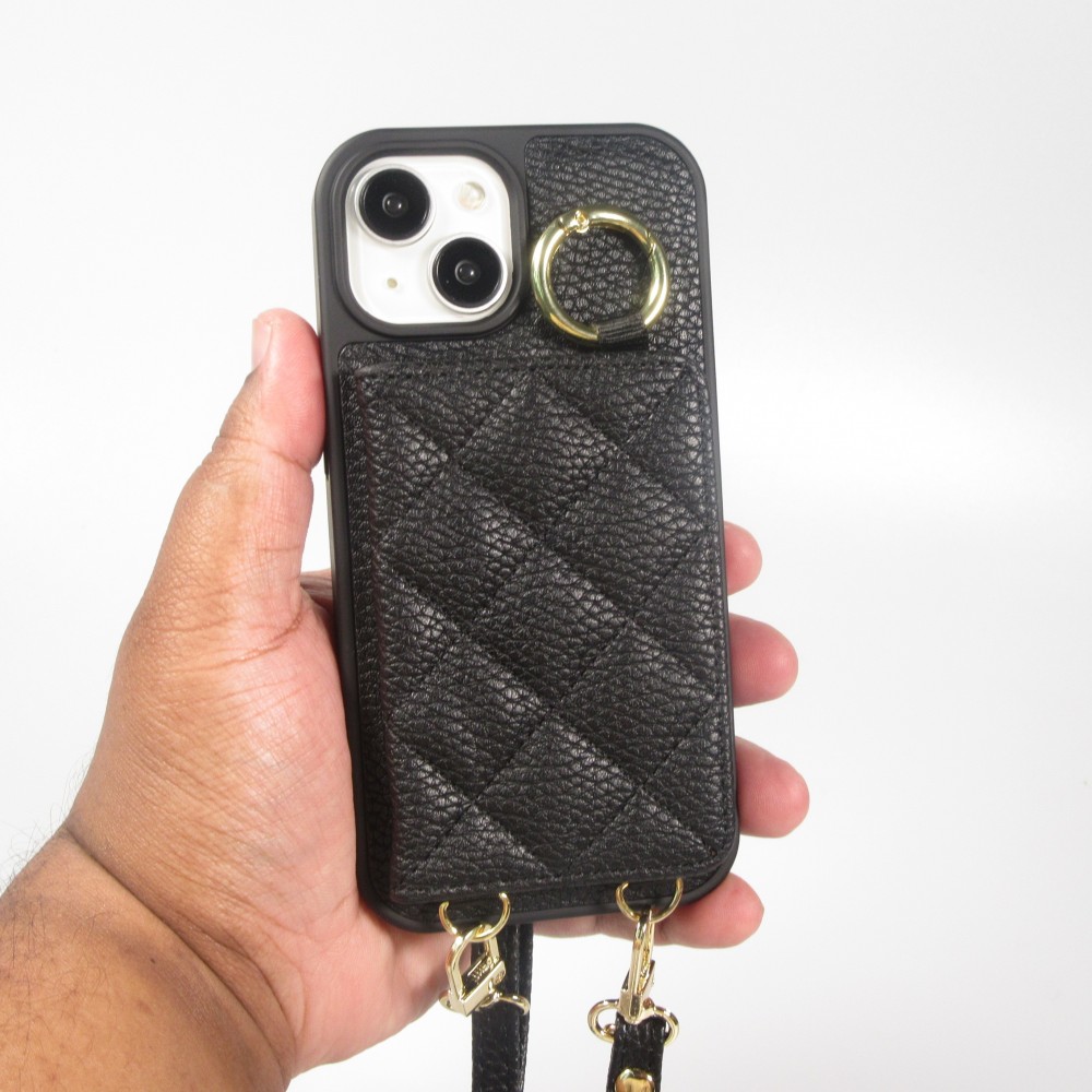Coque iPhone 15 - Cuir matelassé avec miroir et compartiment carte inclus grande lanière amovible - Noir