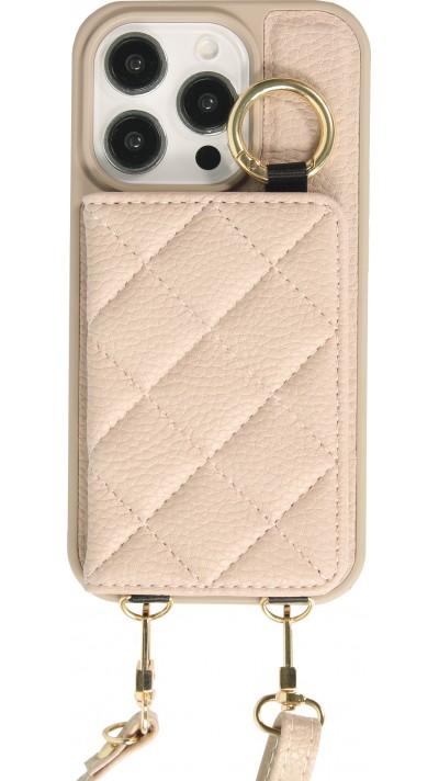 Coque iPhone 15 Pro - Cuir matelassé avec miroir et compartiment carte inclus grande lanière amovible - Beige