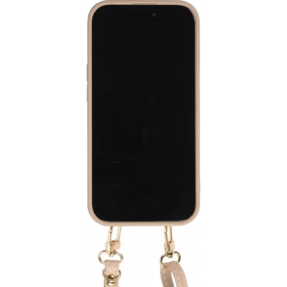 Coque iPhone 15 Pro - Cuir matelass&eacute; avec miroir et compartiment carte inclus grande lani&egrave;re amovible - Beige