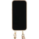 Coque iPhone 15 Pro - Cuir matelass&eacute; avec miroir et compartiment carte inclus grande lani&egrave;re amovible - Beige