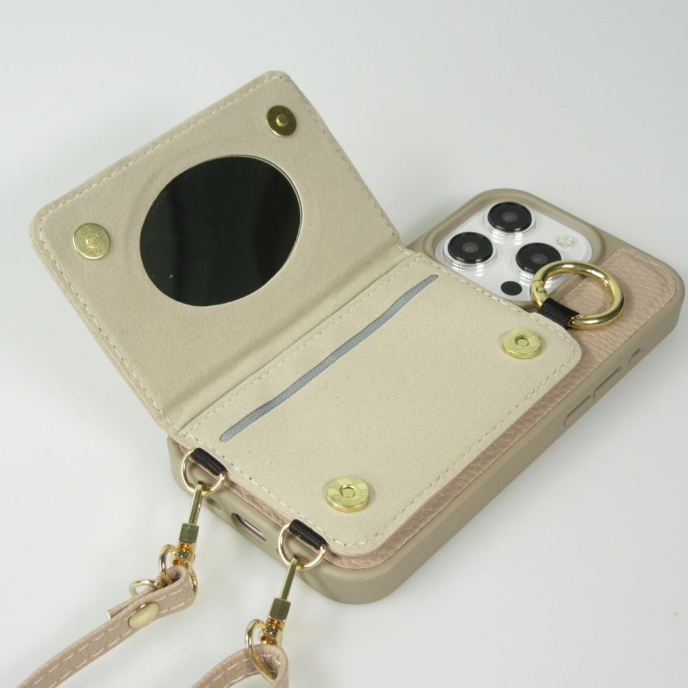 Coque iPhone 15 Pro - Cuir matelass&eacute; avec miroir et compartiment carte inclus grande lani&egrave;re amovible - Beige
