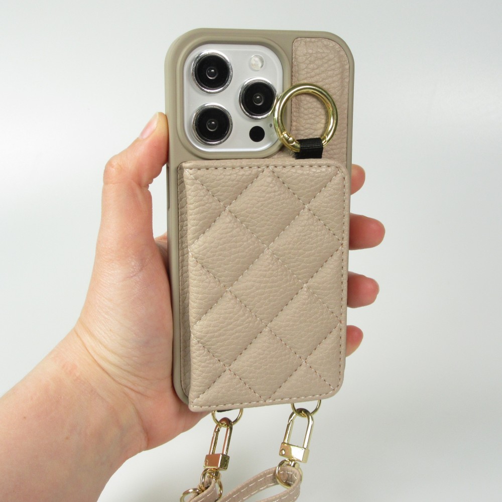 Coque iPhone 15 Pro - Cuir matelass&eacute; avec miroir et compartiment carte inclus grande lani&egrave;re amovible - Beige