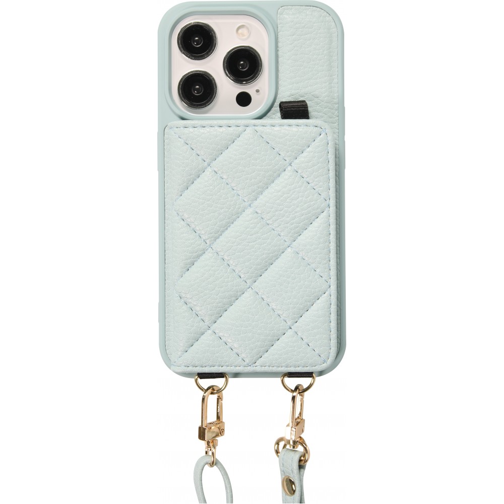 Coque iPhone 15 Pro - Cuir matelass&eacute; avec miroir et compartiment carte inclus grande lani&egrave;re amovible - Bleu