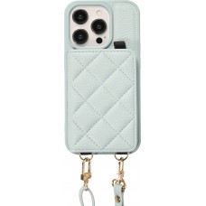 Coque iPhone 15 Pro - Cuir matelass&eacute; avec miroir et compartiment carte inclus grande lani&egrave;re amovible - Bleu