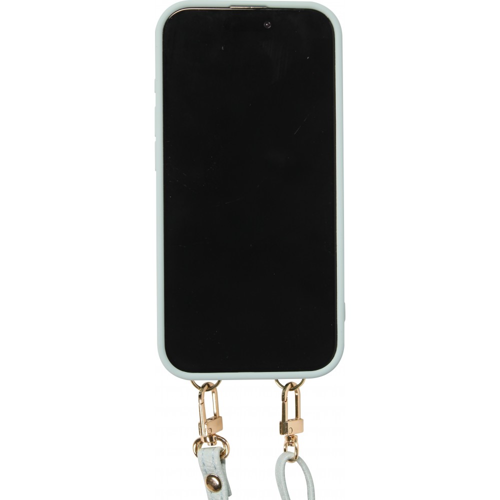 Coque iPhone 15 Pro - Cuir matelass&eacute; avec miroir et compartiment carte inclus grande lani&egrave;re amovible - Bleu