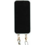 Coque iPhone 15 Pro - Cuir matelass&eacute; avec miroir et compartiment carte inclus grande lani&egrave;re amovible - Bleu