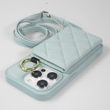 Coque iPhone 15 Pro - Cuir matelass&eacute; avec miroir et compartiment carte inclus grande lani&egrave;re amovible - Bleu