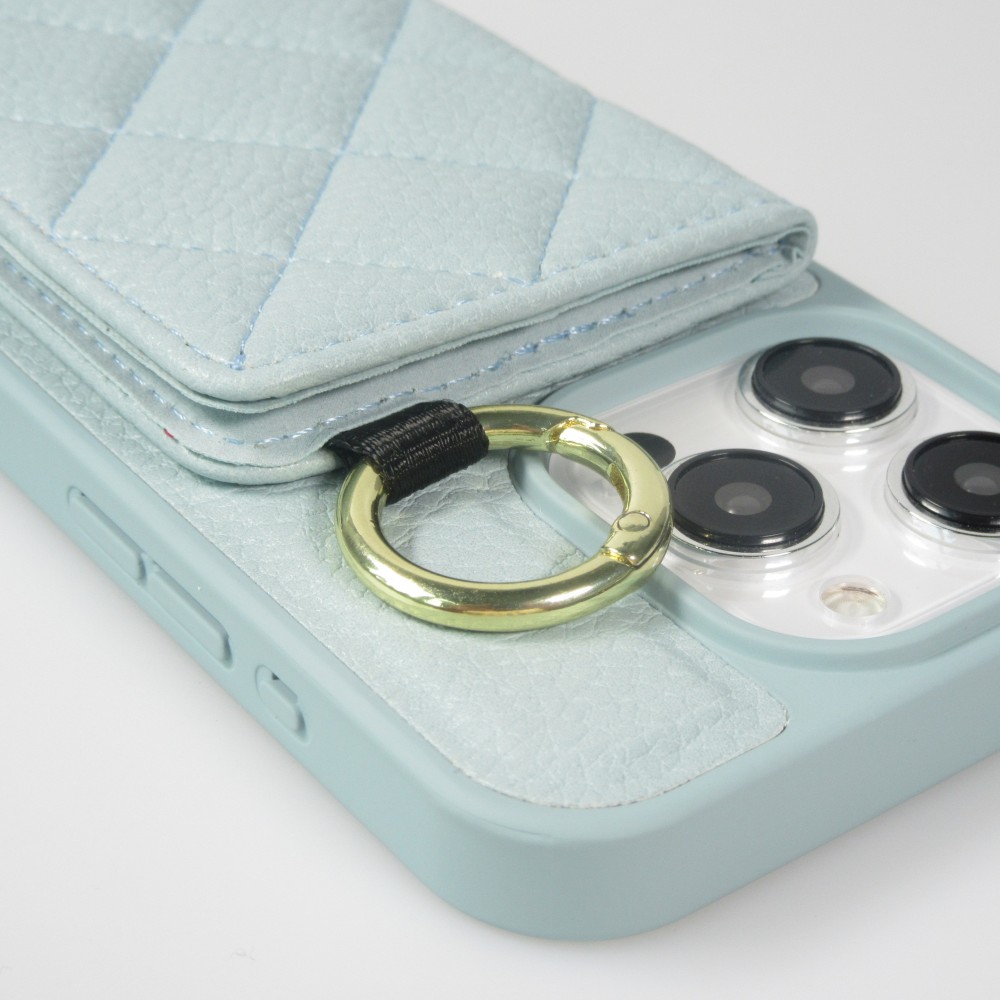Coque iPhone 15 Pro - Cuir matelass&eacute; avec miroir et compartiment carte inclus grande lani&egrave;re amovible - Bleu
