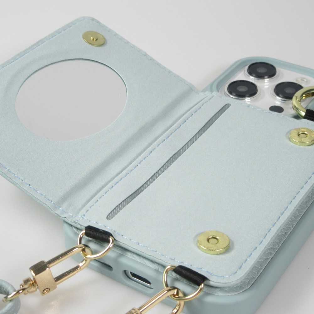 Coque iPhone 15 Pro - Cuir matelass&eacute; avec miroir et compartiment carte inclus grande lani&egrave;re amovible - Bleu