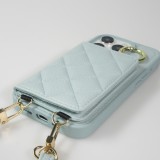 Coque iPhone 15 Pro - Cuir matelass&eacute; avec miroir et compartiment carte inclus grande lani&egrave;re amovible - Bleu