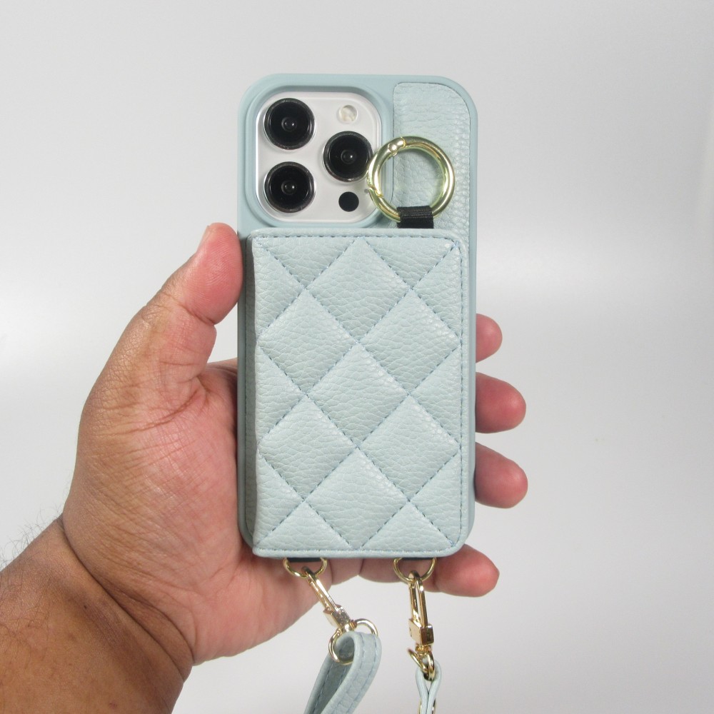Coque iPhone 15 Pro - Cuir matelass&eacute; avec miroir et compartiment carte inclus grande lani&egrave;re amovible - Bleu
