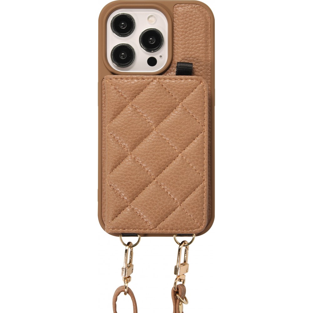 Coque iPhone 15 Pro - Cuir matelass&eacute; avec miroir et compartiment carte inclus grande lani&egrave;re amovible - Brun