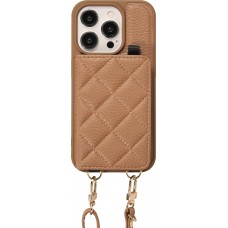 Coque iPhone 15 Pro - Cuir matelass&eacute; avec miroir et compartiment carte inclus grande lani&egrave;re amovible - Brun