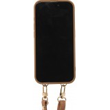 Coque iPhone 15 Pro - Cuir matelass&eacute; avec miroir et compartiment carte inclus grande lani&egrave;re amovible - Brun