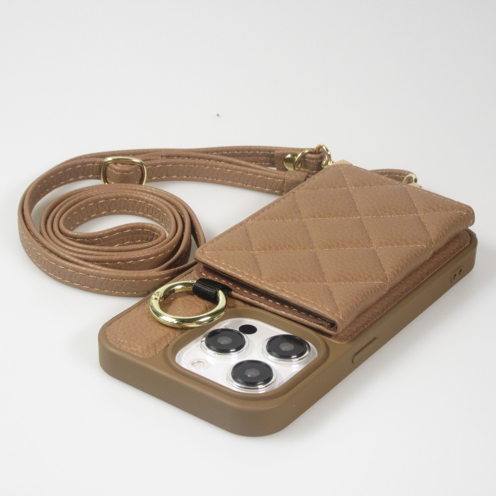 Coque iPhone 15 Pro - Cuir matelass&eacute; avec miroir et compartiment carte inclus grande lani&egrave;re amovible - Brun