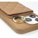 Coque iPhone 15 Pro - Cuir matelass&eacute; avec miroir et compartiment carte inclus grande lani&egrave;re amovible - Brun