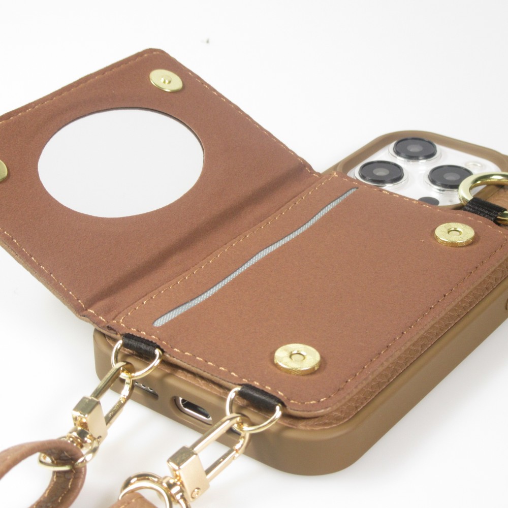 Coque iPhone 15 Pro - Cuir matelass&eacute; avec miroir et compartiment carte inclus grande lani&egrave;re amovible - Brun