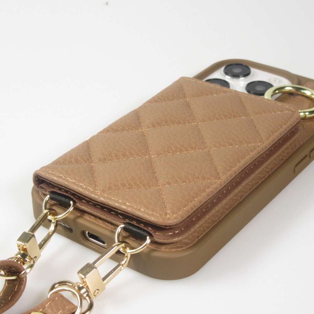Coque iPhone 15 Pro - Cuir matelass&eacute; avec miroir et compartiment carte inclus grande lani&egrave;re amovible - Brun