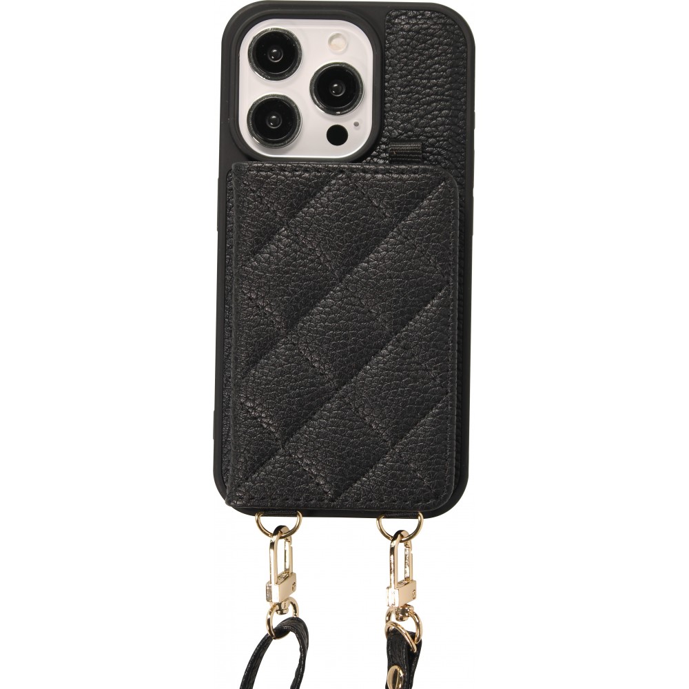 Coque iPhone 15 Pro - Cuir matelass&eacute; avec miroir et compartiment carte inclus grande lani&egrave;re amovible - Noir