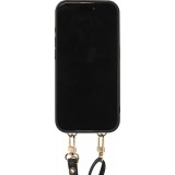 Coque iPhone 15 Pro - Cuir matelass&eacute; avec miroir et compartiment carte inclus grande lani&egrave;re amovible - Noir