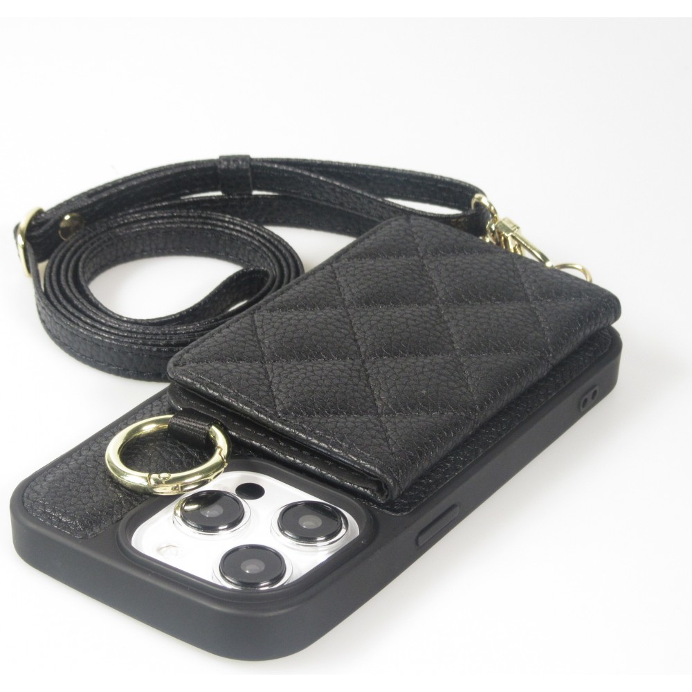 Coque iPhone 15 Pro - Cuir matelass&eacute; avec miroir et compartiment carte inclus grande lani&egrave;re amovible - Noir