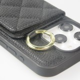Coque iPhone 15 Pro - Cuir matelass&eacute; avec miroir et compartiment carte inclus grande lani&egrave;re amovible - Noir