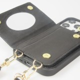 Coque iPhone 15 Pro - Cuir matelass&eacute; avec miroir et compartiment carte inclus grande lani&egrave;re amovible - Noir