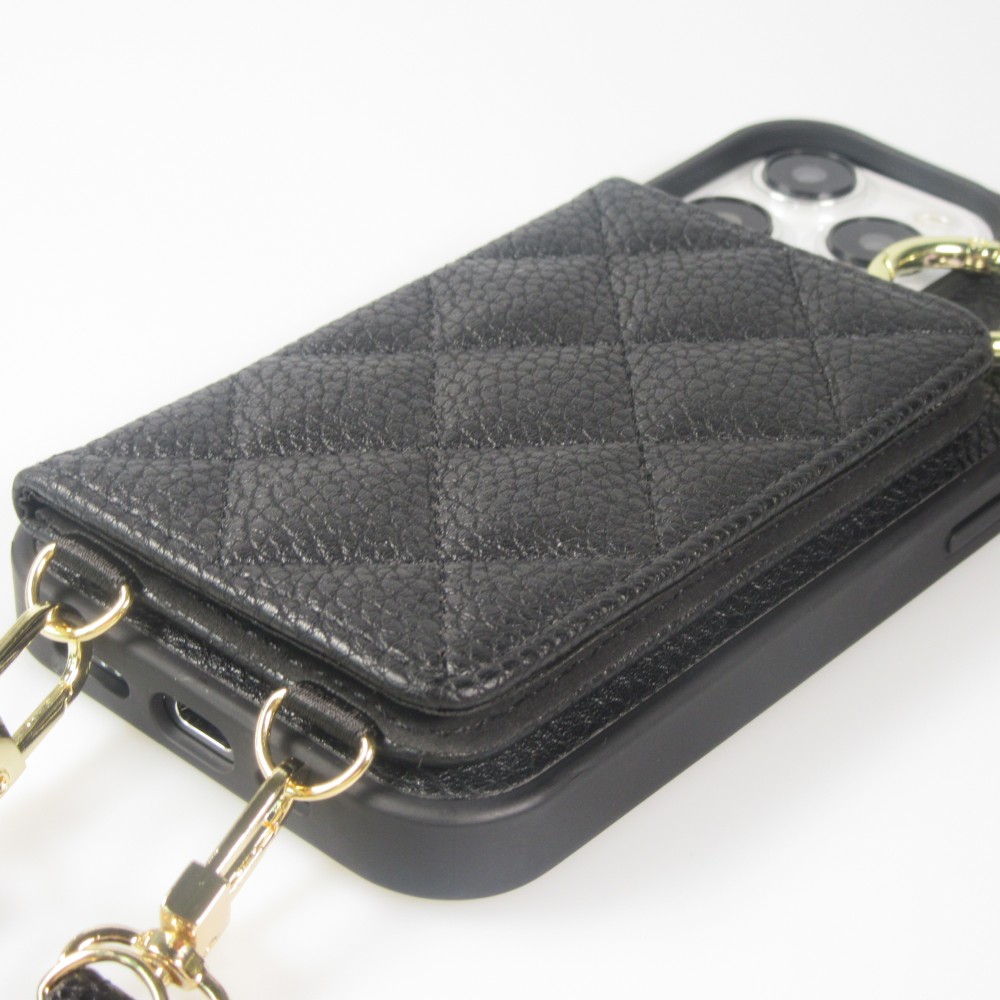 Coque iPhone 15 Pro - Cuir matelass&eacute; avec miroir et compartiment carte inclus grande lani&egrave;re amovible - Noir