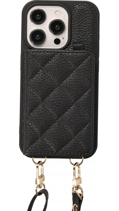 Coque iPhone 15 Pro Max - Cuir matelassé avec miroir et compartiment carte inclus grande lanière amovible - Noir