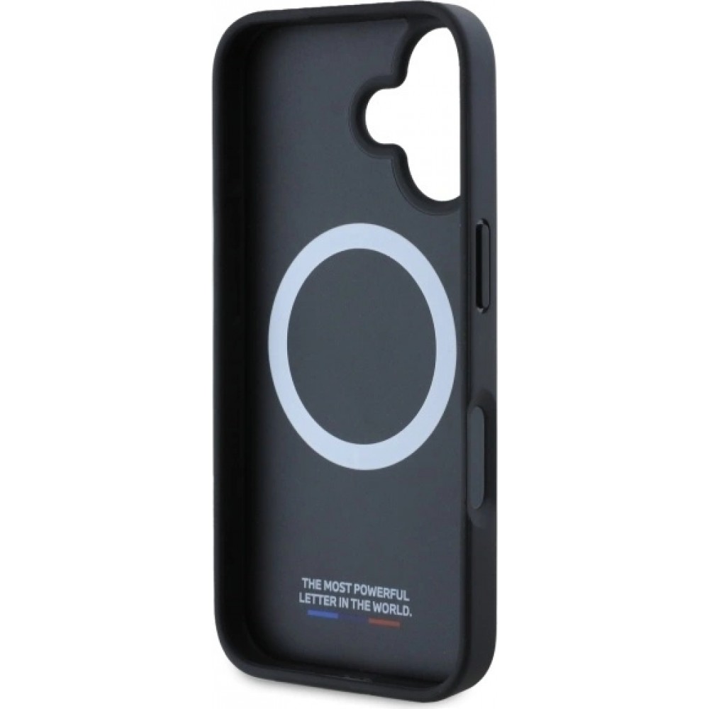 Coque iPhone 16 - BMW M Tricolore Stripes cuir MagSafe - Noir