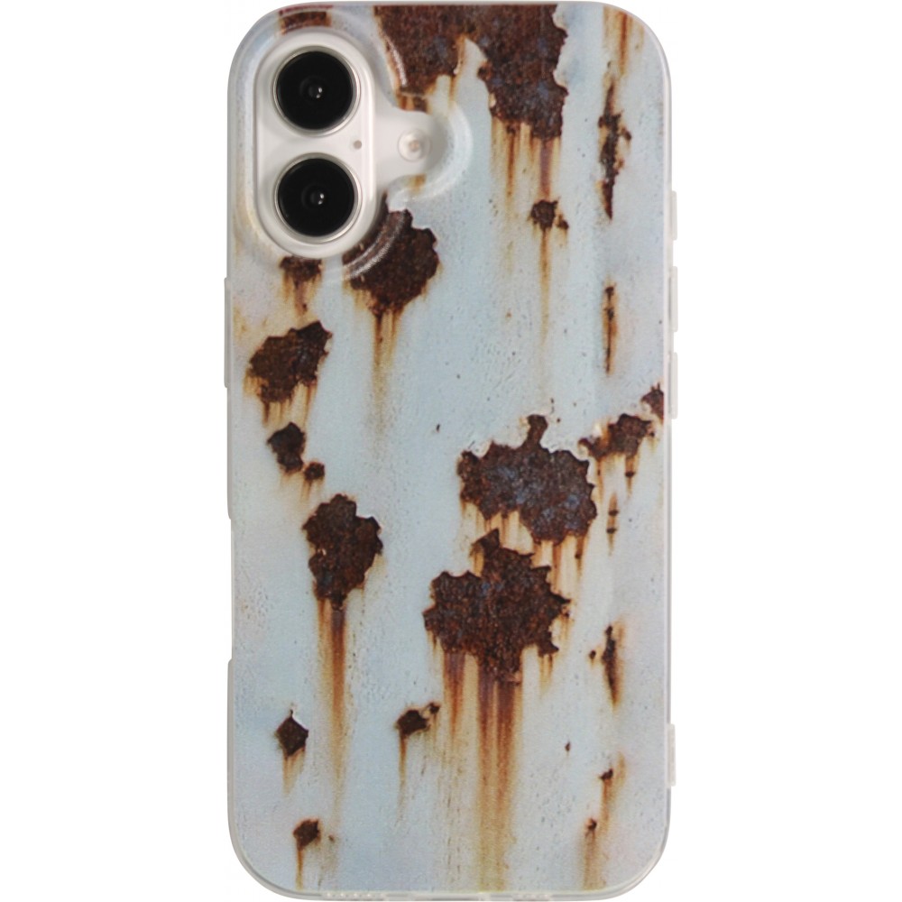 Coque iPhone 16 - Effet rouille vintage en silicone rigide style industriel - Bleu