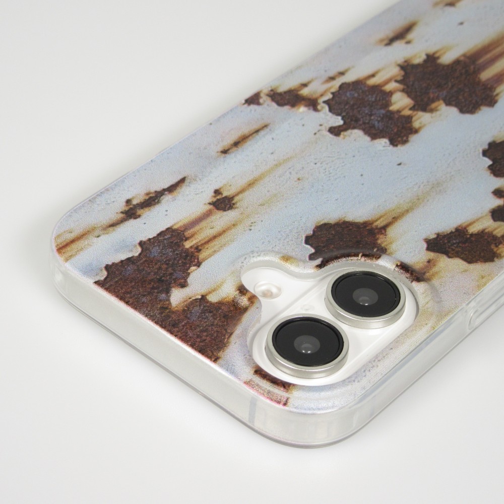 Coque iPhone 16 - Effet rouille vintage en silicone rigide style industriel - Bleu