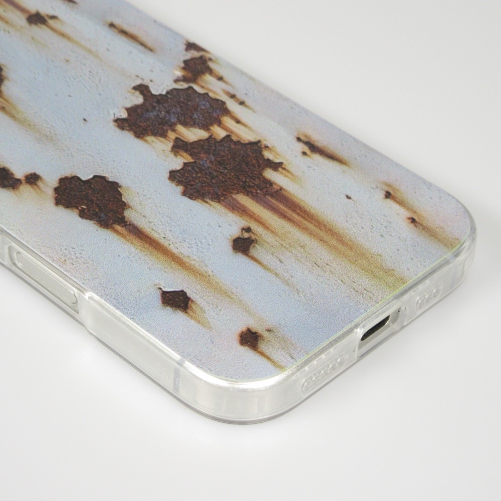 Coque iPhone 16 - Effet rouille vintage en silicone rigide style industriel - Bleu