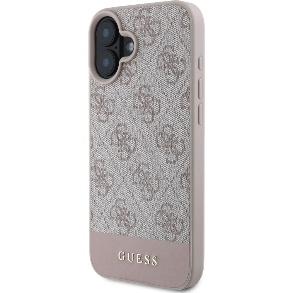 Coque iPhone 16 - Guess pattern 4G avec logo 3D doré - Rose
