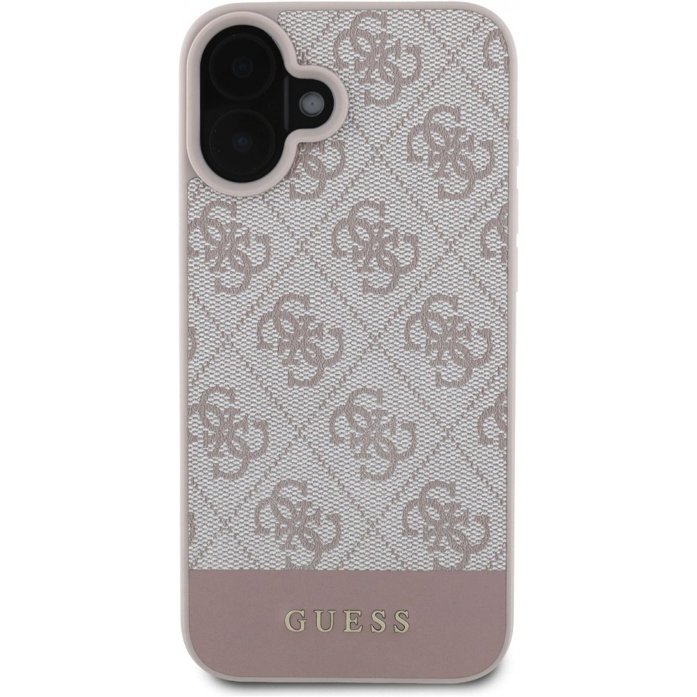 Coque iPhone 16 - Guess pattern 4G avec logo 3D doré - Rose
