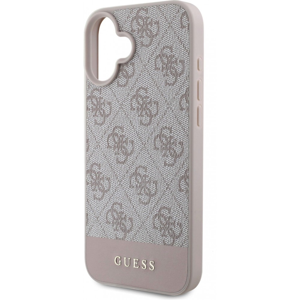 Coque iPhone 16 - Guess pattern 4G avec logo 3D doré - Rose