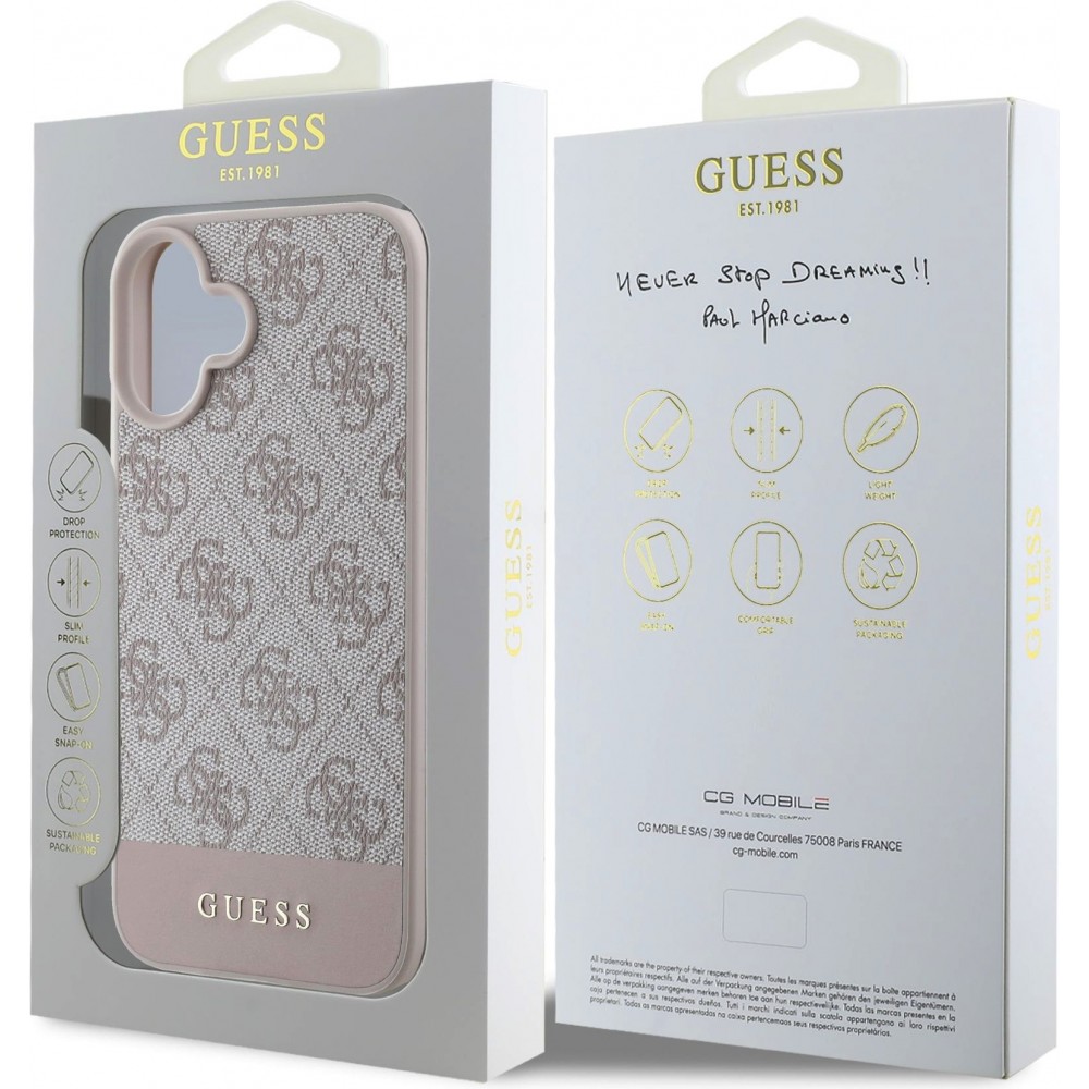 Coque iPhone 16 - Guess pattern 4G avec logo 3D doré - Rose