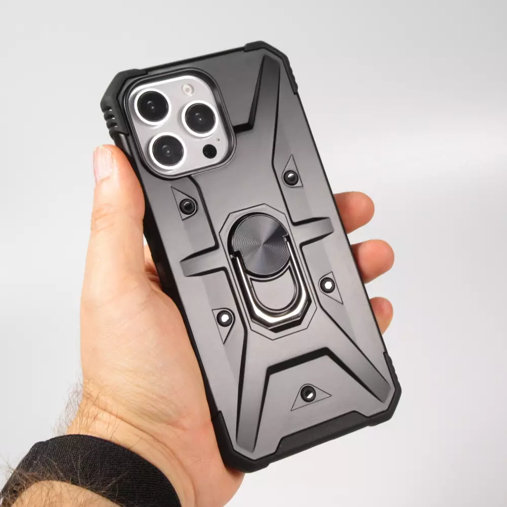 iPhone 16 Pro Case Hülle - Armor mit Silikon-Eckschutz und Stützring - Schwarz