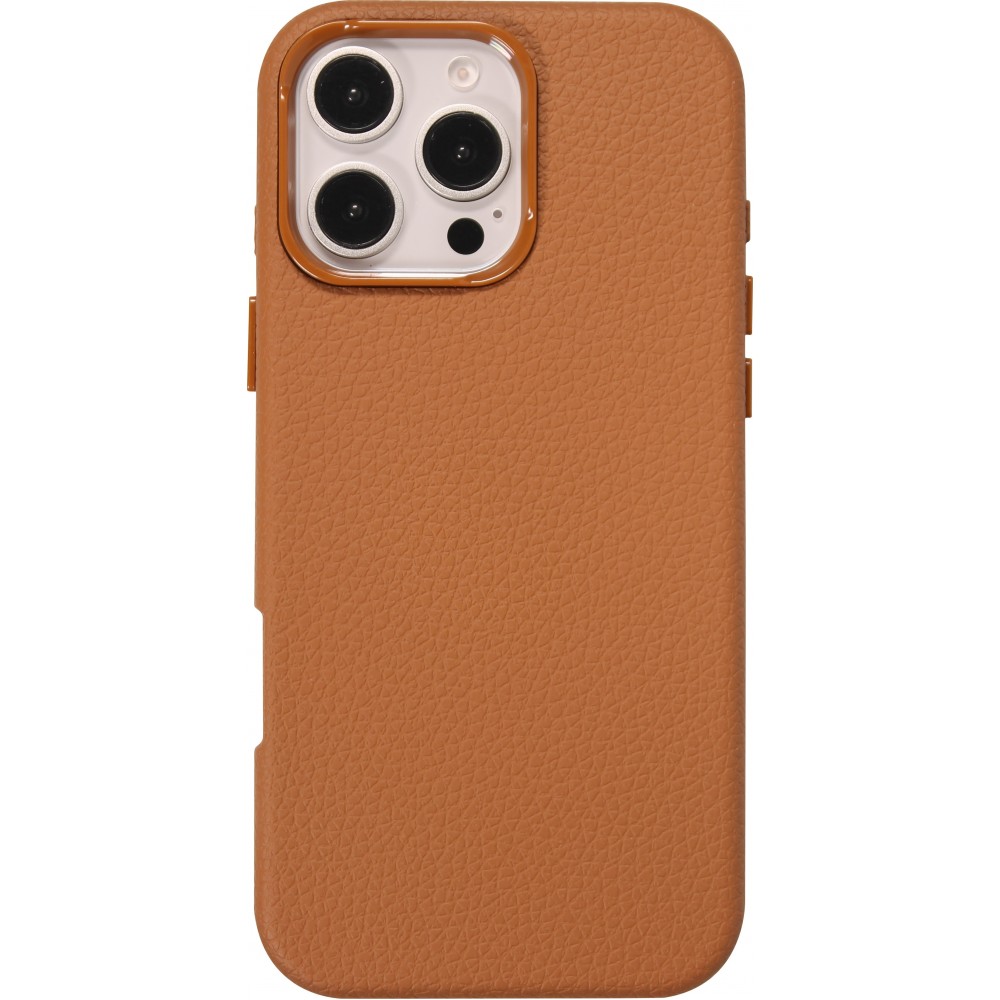 Coque iPhone 16 Pro - Effet cuir avec boutons intégrés et design autour de la caméra - Brun