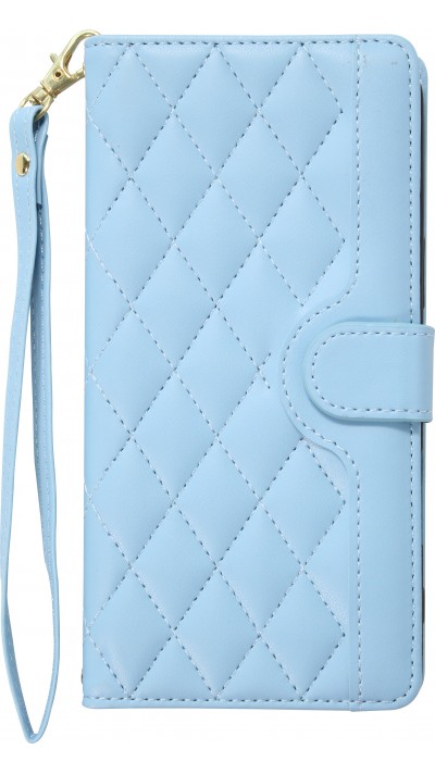 Coque iPhone 16 Pro - Flip matelassé élégant avec fermeture magnétique et lanière et emplacements pour cartes - Bleu