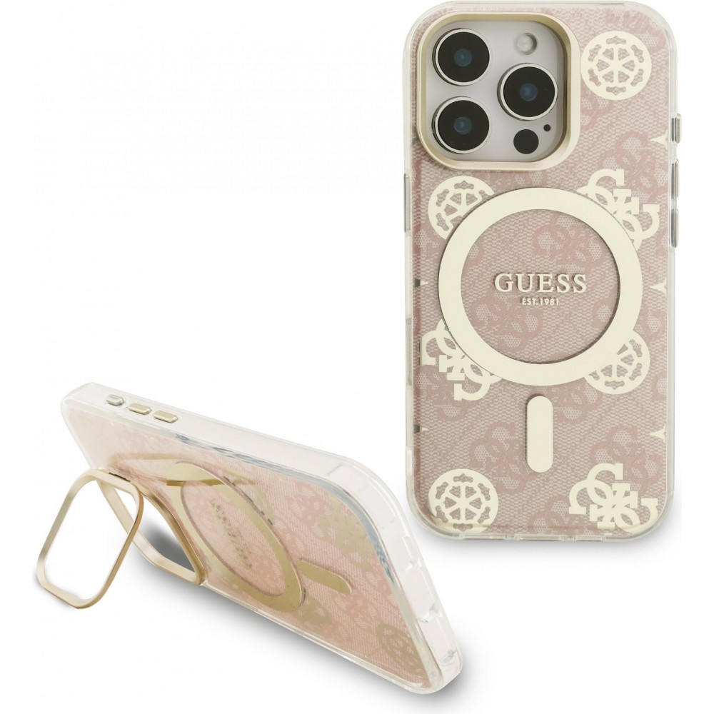 Coque iPhone 16 Pro - Guess magnétique MagSafe avec plaques interchangeables (rose / brun / noir) et Camera Stand - Transparent