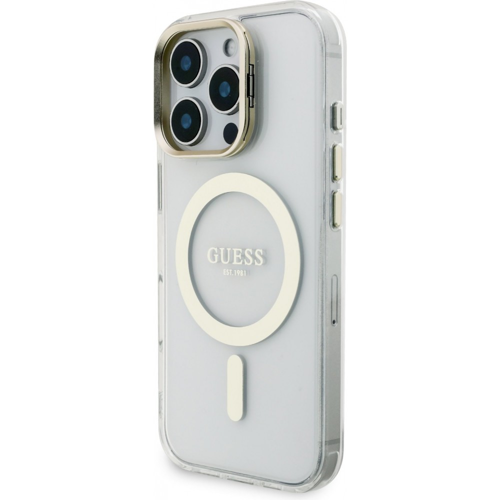 Coque iPhone 16 Pro - Guess magnétique MagSafe avec plaques interchangeables (rose / brun / noir) et Camera Stand - Transparent
