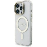 Coque iPhone 16 Pro - Guess magnétique MagSafe avec plaques interchangeables (rose / brun / noir) et Camera Stand - Transparent