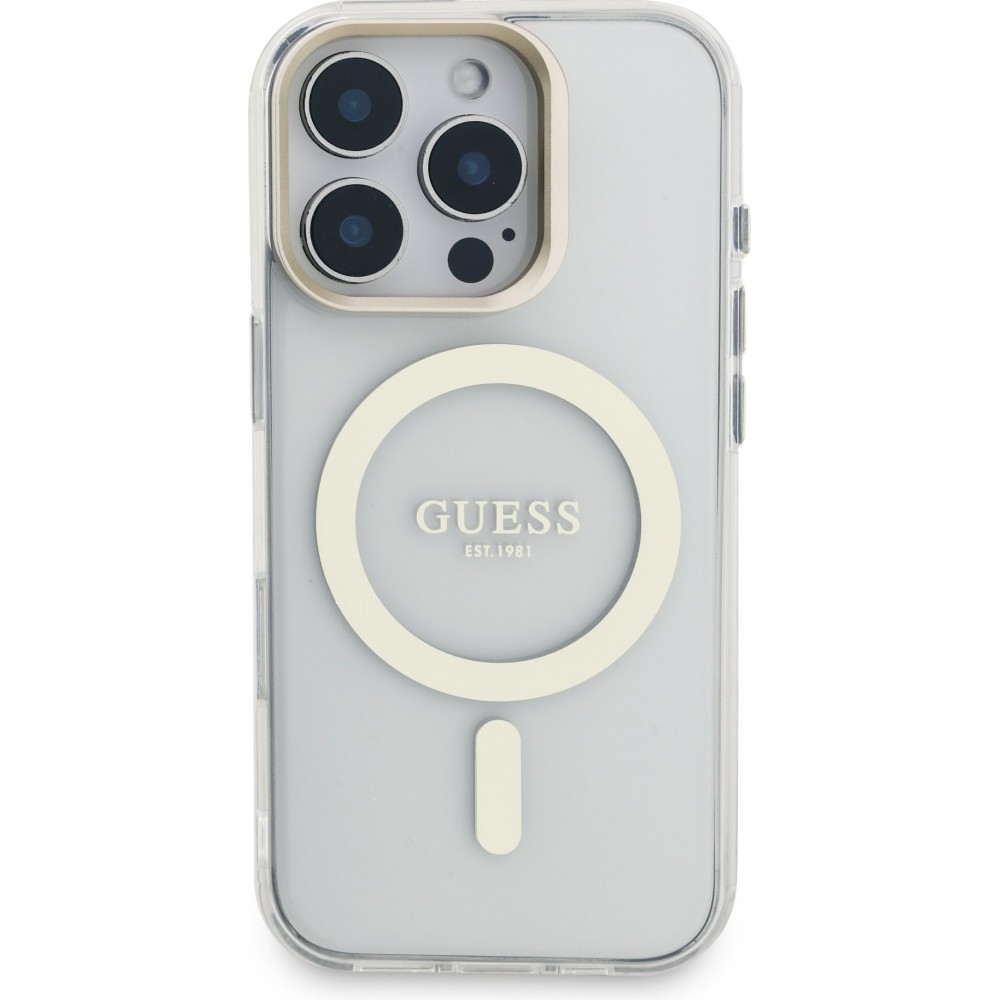 Coque iPhone 16 Pro - Guess magnétique MagSafe avec plaques interchangeables (rose / brun / noir) et Camera Stand - Transparent