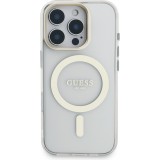 Coque iPhone 16 Pro - Guess magnétique MagSafe avec plaques interchangeables (rose / brun / noir) et Camera Stand - Transparent