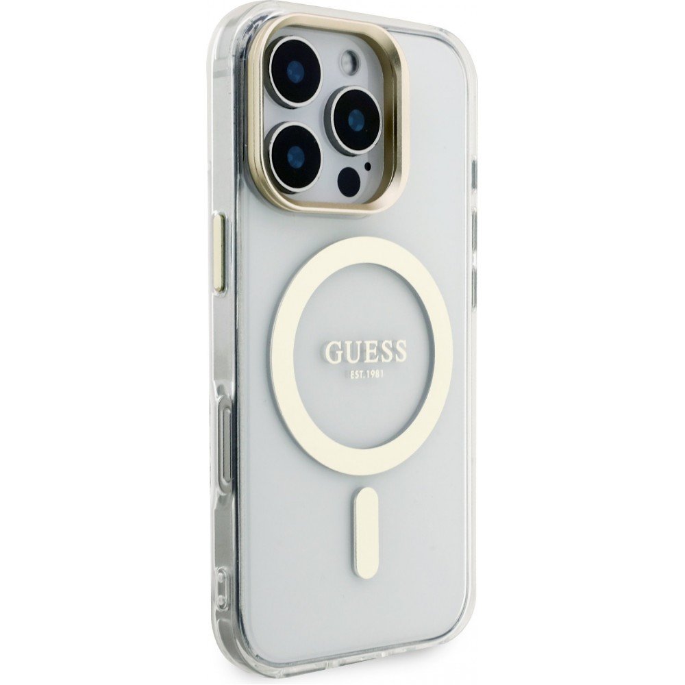 Coque iPhone 16 Pro - Guess magnétique MagSafe avec plaques interchangeables (rose / brun / noir) et Camera Stand - Transparent