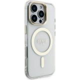 Coque iPhone 16 Pro - Guess magnétique MagSafe avec plaques interchangeables (rose / brun / noir) et Camera Stand - Transparent