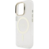 Coque iPhone 16 Pro - Guess magnétique MagSafe avec plaques interchangeables (rose / brun / noir) et Camera Stand - Transparent