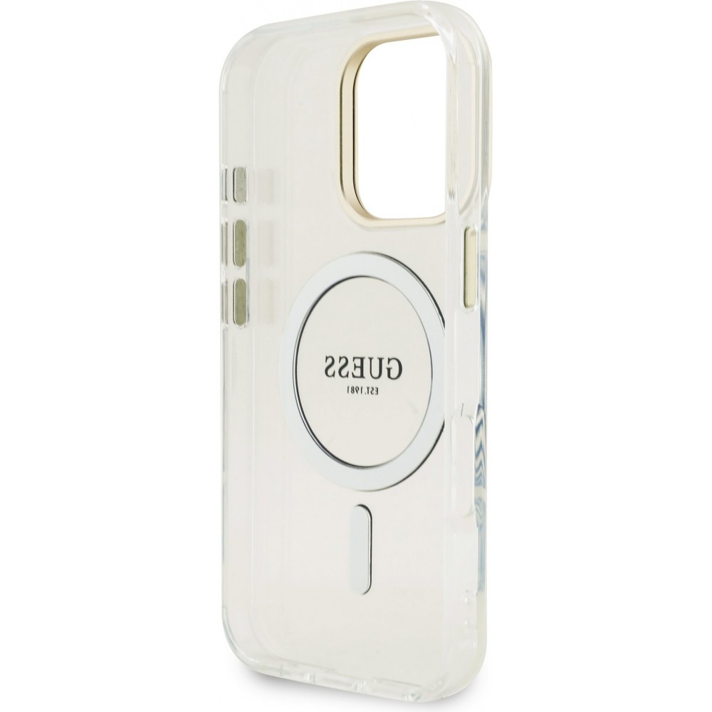 Coque iPhone 16 Pro - Guess magnétique MagSafe avec plaques interchangeables (rose / brun / noir) et Camera Stand - Transparent